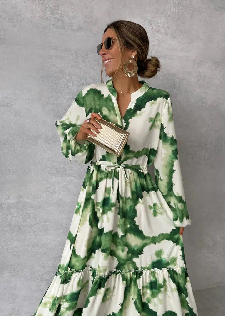 Elna Green Maxi Dress – Elegant & Flowy Long-Sleeve Dress