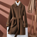 Women's Tailored Coat - Wool Blend - Belted Waist - Wide Lapel - Mid Length Elegant