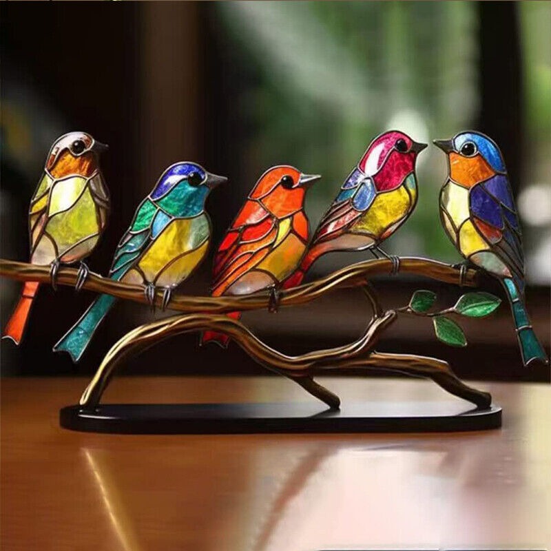 Birds on Branches Stained Acrylic Ornaments, Double Sided Multicolor Style