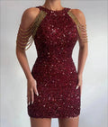 Women's Sleeveless Party Dress - Fitted Silhouette - Sequined - Elegant Drape Detail