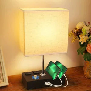 Fully Dimmable Bedside Lamp with Dual USB Charging Ports, Beige Linen Shade - Image 3