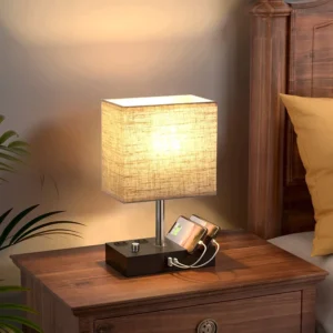 Fully Dimmable Bedside Lamp with Dual USB Charging Ports, Beige Linen Shade - Image 2