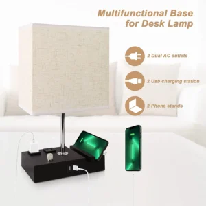 Fully Dimmable Bedside Lamp with Dual USB Charging Ports, Beige Linen Shade - Image 4
