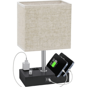 Fully Dimmable Bedside Lamp with Dual USB Charging Ports, Beige Linen Shade - Image 1